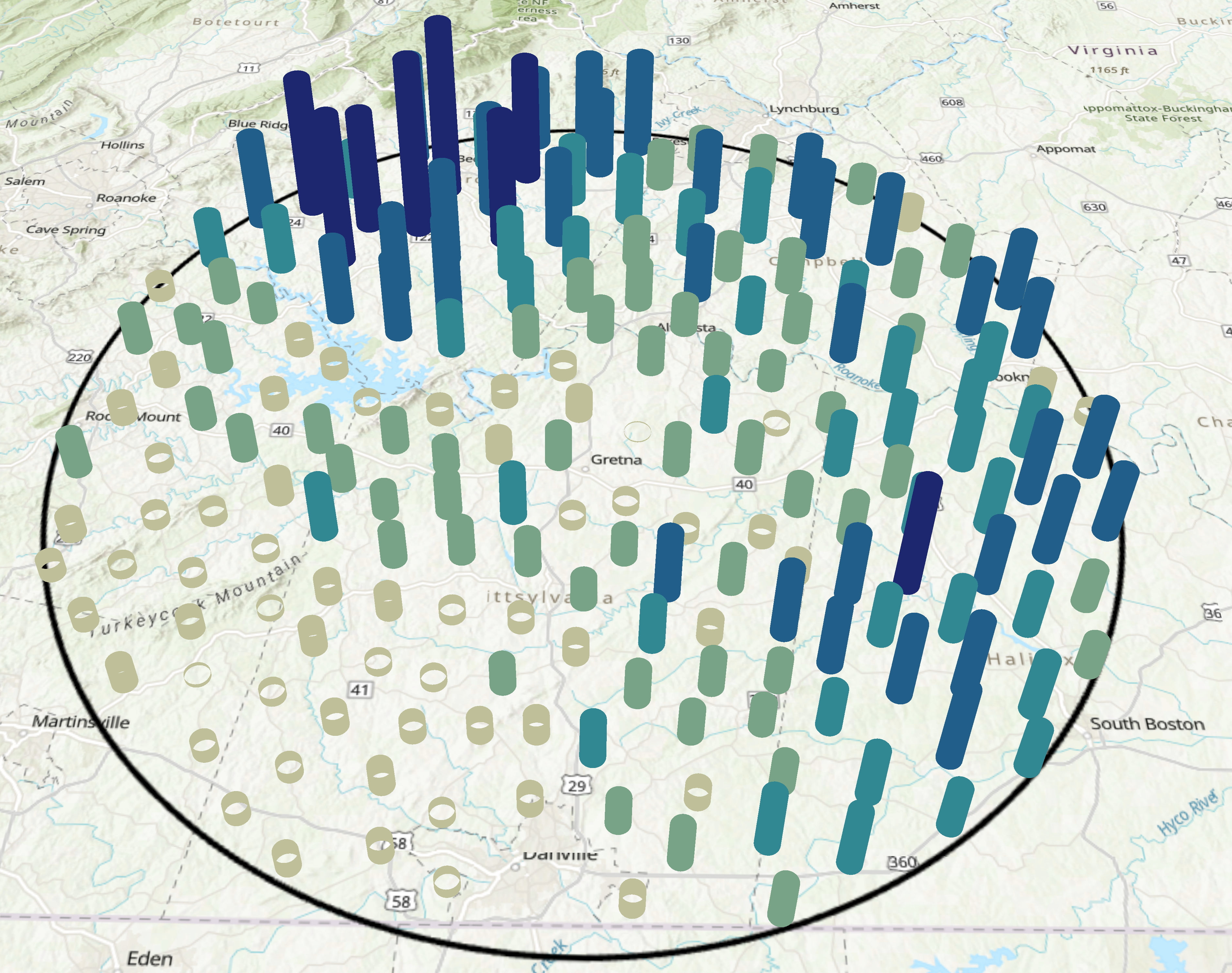 Extrusion map showing the relative feedstock production that is harvested and stored in the 199 SSLs around Gretna, VA