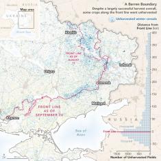 Map of Ukraine showing increase in unharvested crops near frontline of Russian invasion