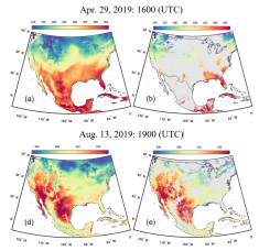 Figure of gap-free LST product over the contiguous United States in April and August 2019